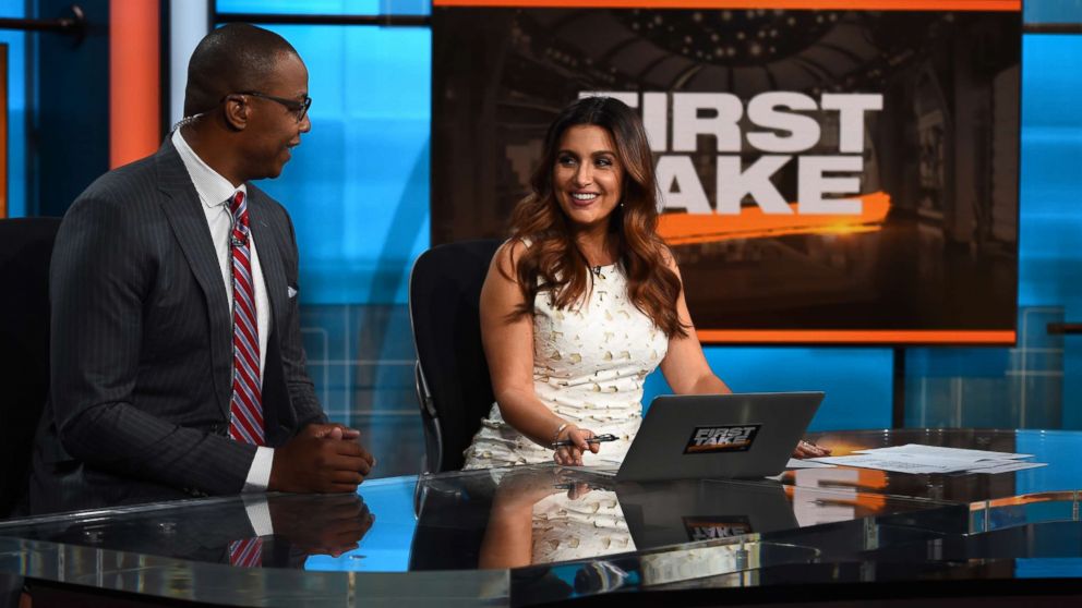 PHOTO: Caron Butler and Molly Qerim on the set of First Take.