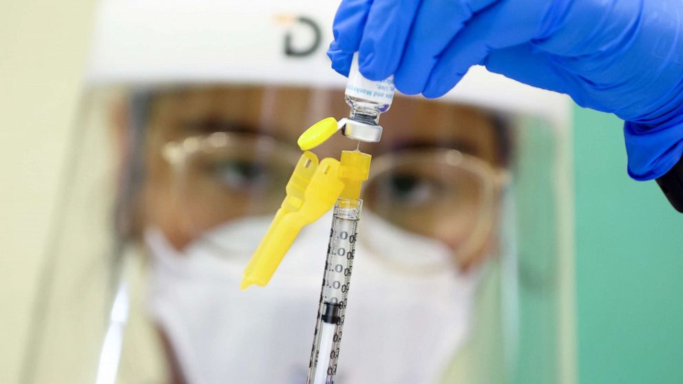 PHOTO: Licensed Vocational Nurse (LVN) Gabriela Solis prepares a dose of the Jynneos monkeypox vaccine at an L.A. County vaccination site in East Los Angeles, Aug. 10, 2022, in Los Angeles.