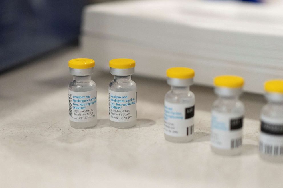 PHOTO: Vials of JYNNEOS vaccine against smallpox and monkeypox are placed on a table during a clinic offered by the Pima County Department of Public Health at the Abrams Public Health Center in Tucson, Ariz., Aug. 20, 2022.  