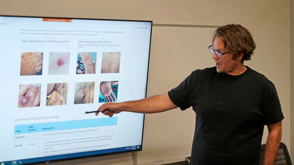 PHOTO: Epidemiologist Ryan Chatelain conducts monkeypox disease training to health investigators at the Salt Lake County Health Department, on July 29, 2022, in Salt Lake City.