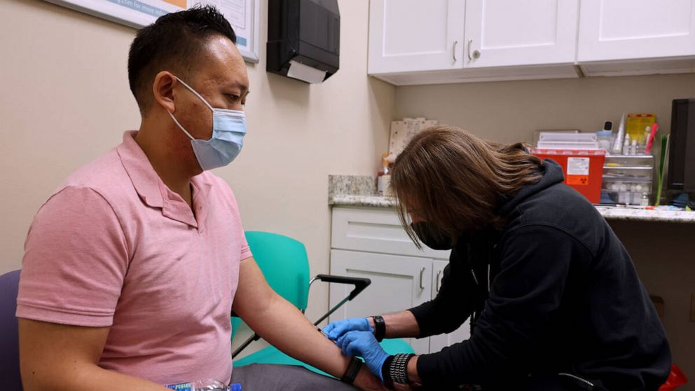 PHOTO: In this Aug. 19, 2022, file photo, a man receives the monkeypox vaccine from a registered nurse at the Arlene Cooper Community Health Center at the LGBTQ Center in Las Vegas.