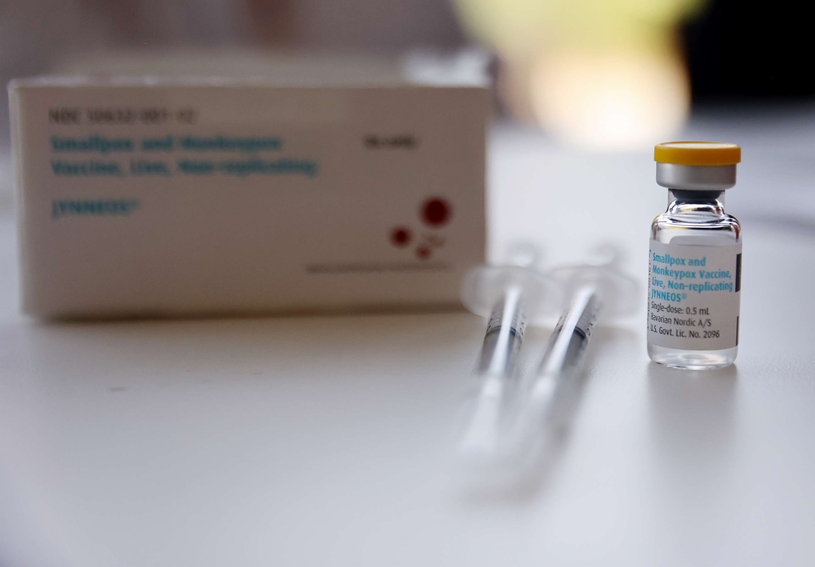 PHOTO: A vial of the Jynneos monkeypox vaccine sits on a table at a pop-up vaccination clinic opened today by the Los Angeles County Department of Public Health at the West Hollywood Library, Aug. 3, 2022 in West Hollywood, Calif.