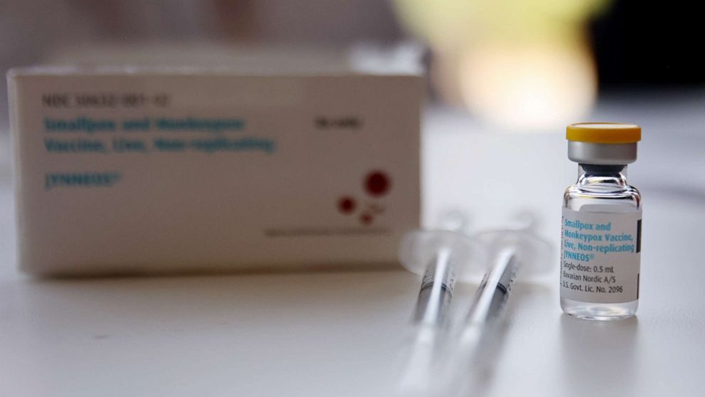 PHOTO: A vial of the Jynneos monkeypox vaccine sits on a table at a pop-up vaccination clinic opened today by the Los Angeles County Department of Public Health at the West Hollywood Library, Aug. 3, 2022 in West Hollywood, Calif.