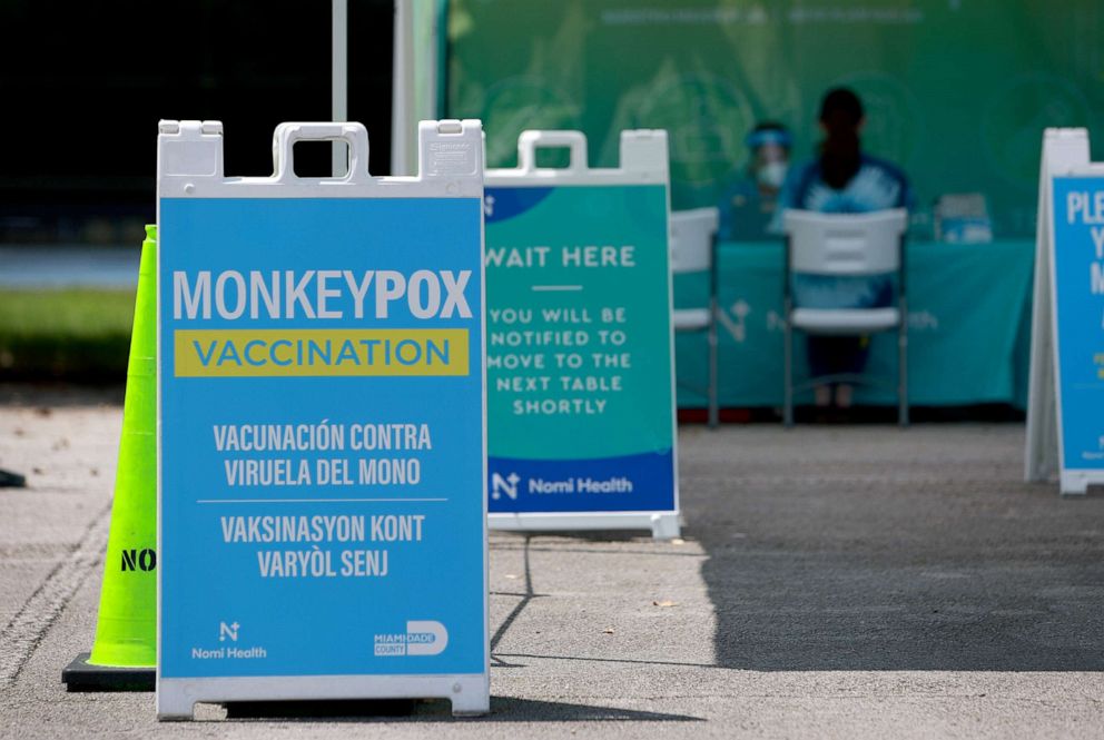 PHOTO: A sign marks a monkeypox vaccination site in Tropical Park by Miami-Dade County and Nomi Health, Aug. 15, 2022, in Miami. 