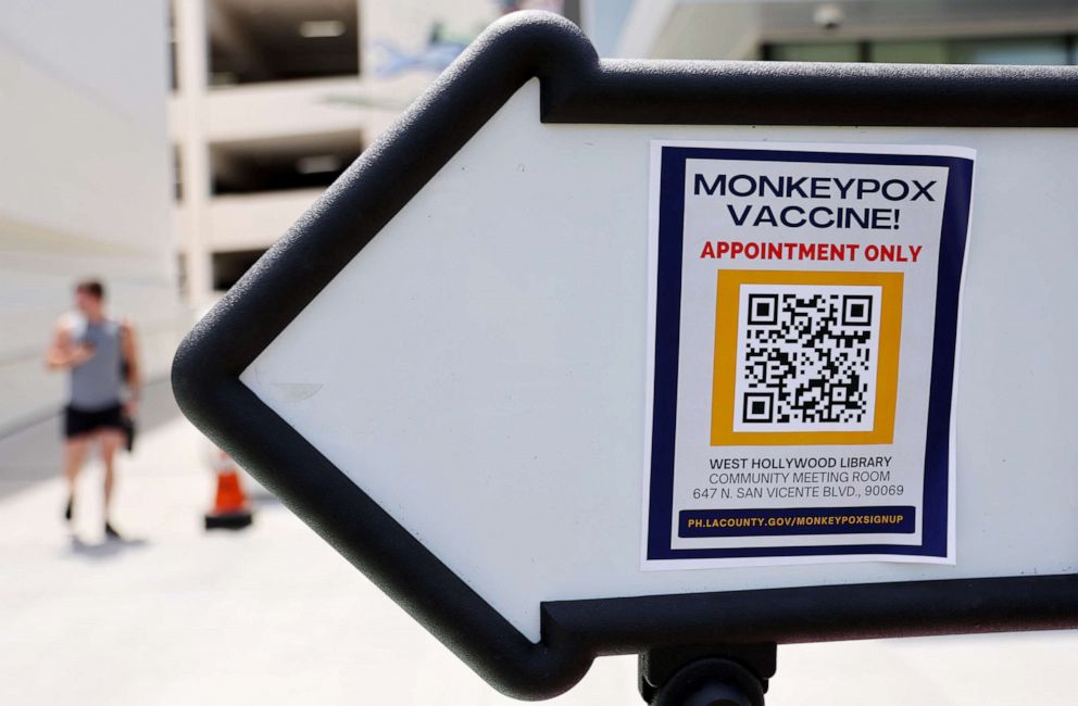 PHOTO: A sign directs people toward a pop-up monkeypox vaccination clinic which opened today by the Los Angeles County Department of Public Health at the West Hollywood Library on Aug. 3, 2022, in West Hollywood, Calif.