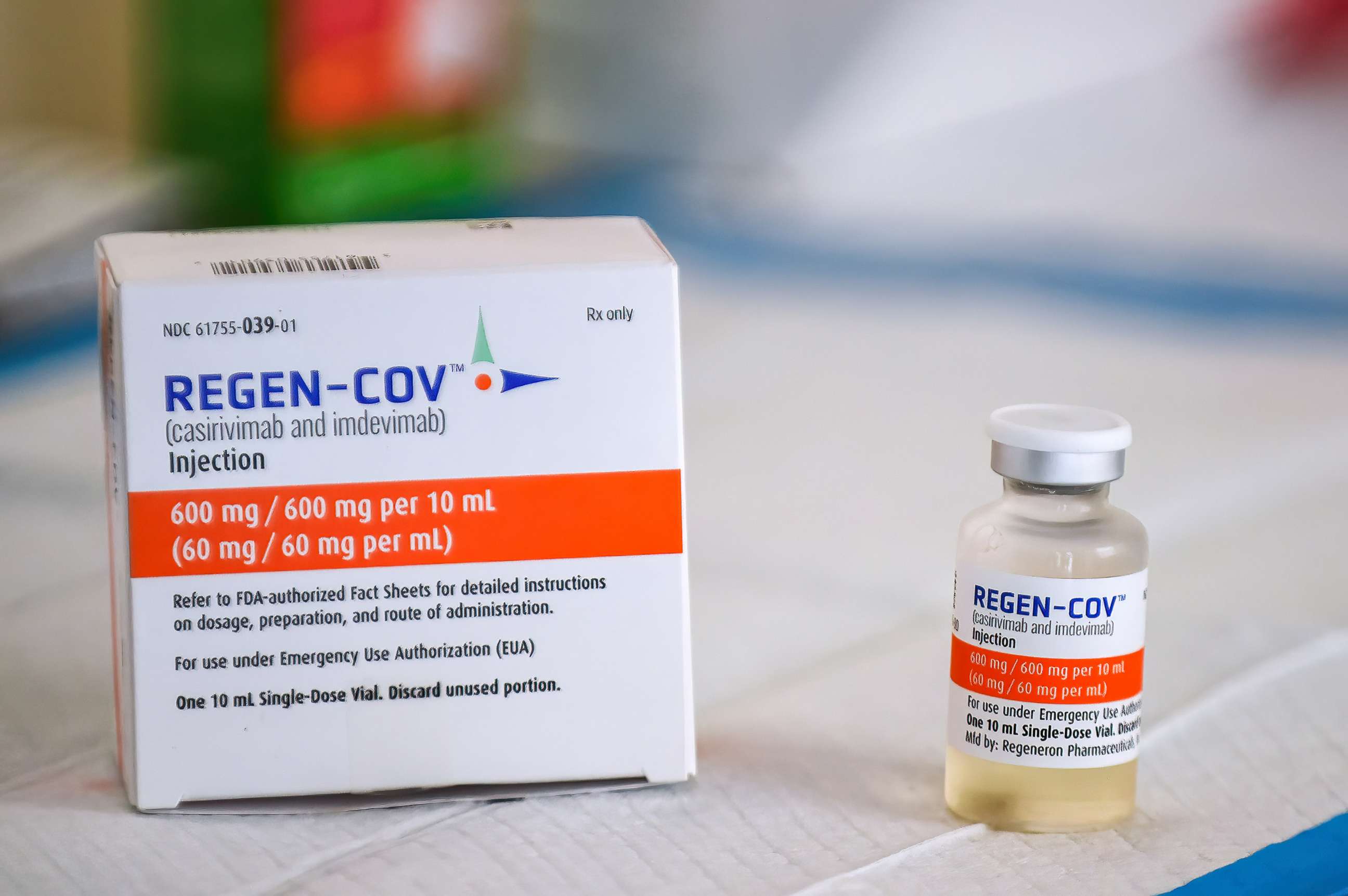 PHOTO: In this Aug. 16, 2021, file photo, a box and vial of the Regeneron monoclonal antibody is seen at a COVID-19 treatment site in Orlando, Fla.