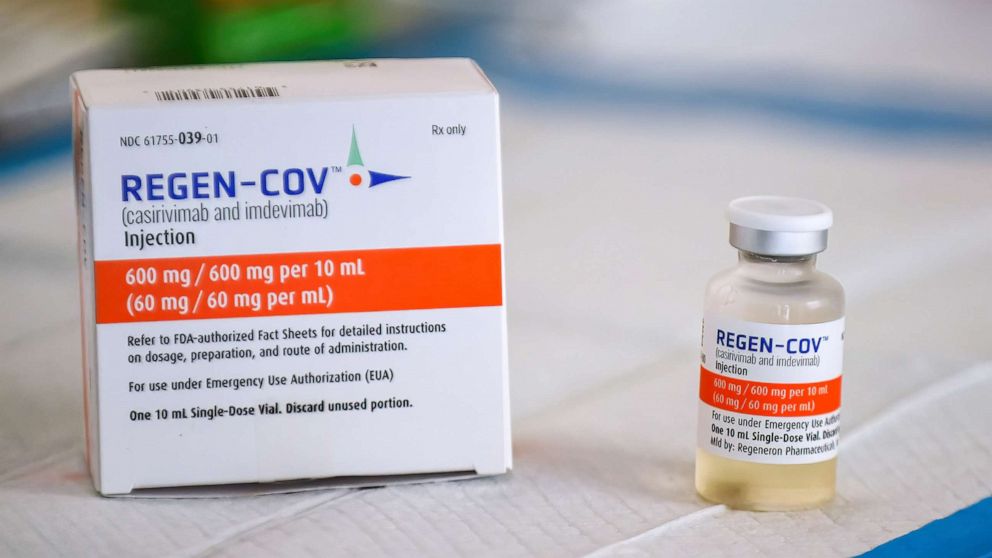 PHOTO: In this Aug. 16, 2021, file photo, a box and vial of the Regeneron monoclonal antibody is seen at a COVID-19 treatment site in Orlando, Fla.