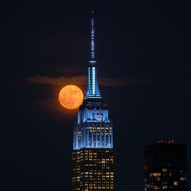 PHOTO: The Strawberry Moon rises behind the skyline of midtown Manhattan and the Empire State Building in New York City, June 10, 2025.