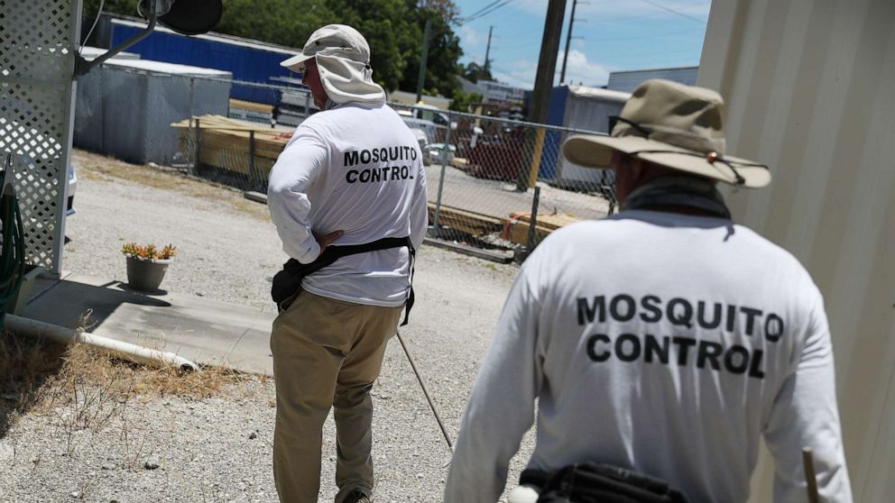 PHOTO: The Florida Keys mosquito control department inspect a neighborhood for any mosquitos or areas where they can breed as the county works to eradicate mosquitos carrying dengue fever on July 8, 2020 in Key Largo, Fla.