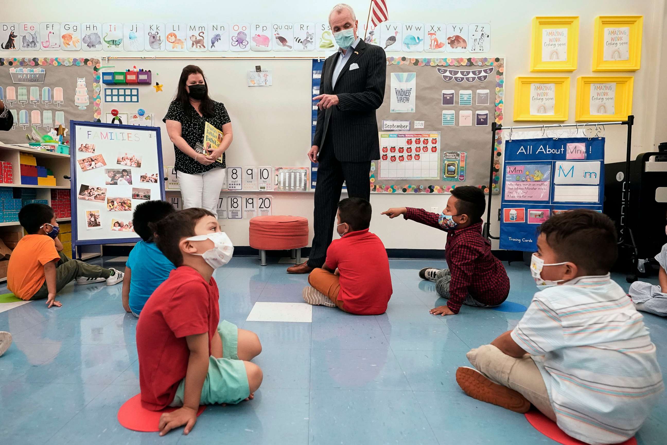 PHOTO: New Jersey Gov. Phil Murphy talks to students in a pre-K class at the Dr. Charles Smith Early Childhood Center, Sept. 16, 2021, in Palisades Park, N.J