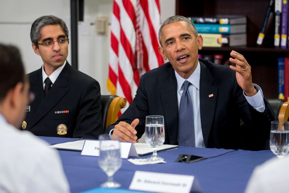 PHOTO: President Barack Obama speaks while participating in a roundtable discussion on the impacts of climate change on public health with Vivek Murthy, U.S. surgeon general, left, at Howard University in Washington, April 7, 2015.
