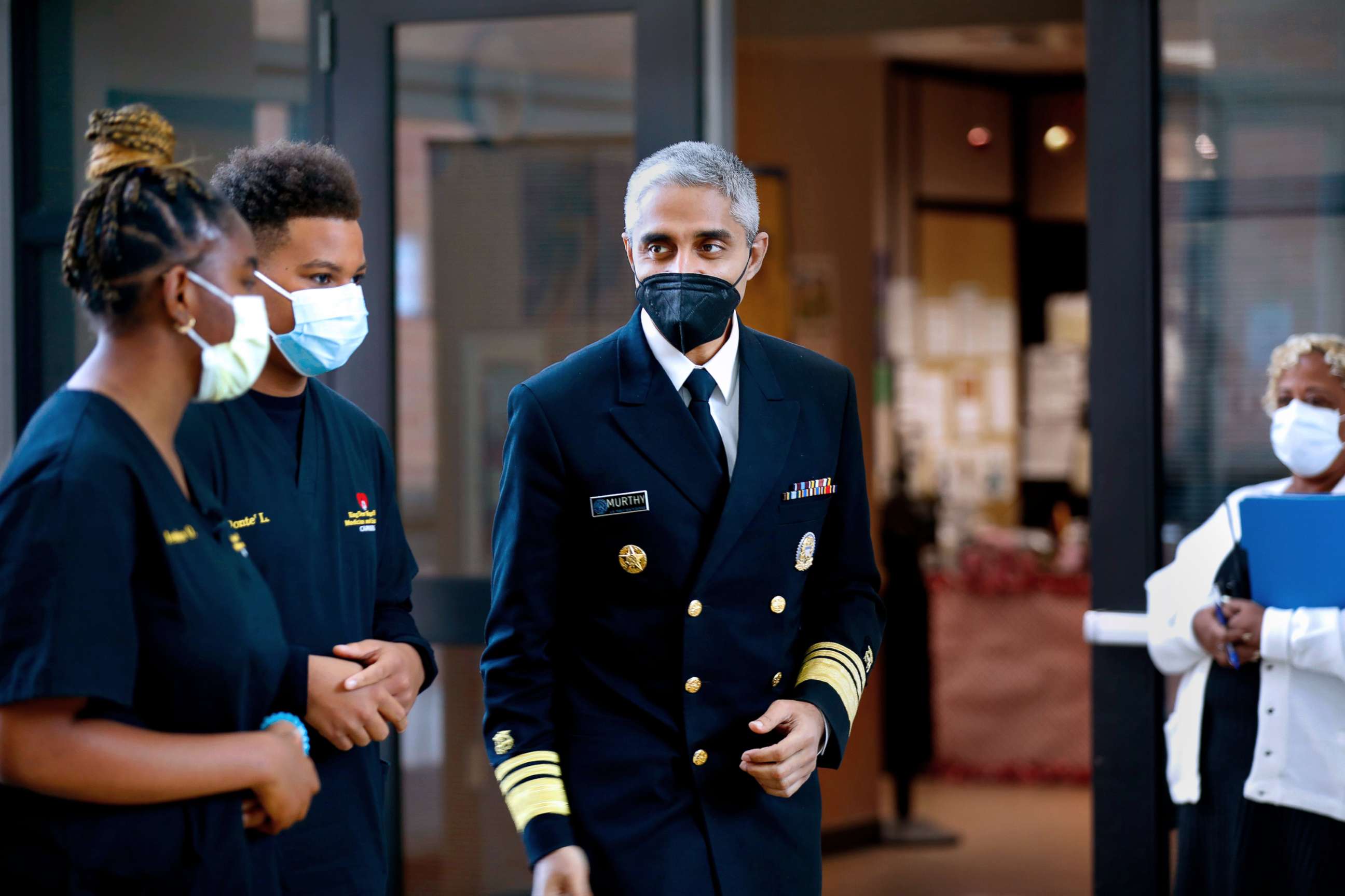 PHOTO: U.S. Surgeon General Vivek H. Murthy tours King Drew Magnet High School of Medicine and Science, Dec. 6, 2021, before talking to a panel of students about mental health issues.