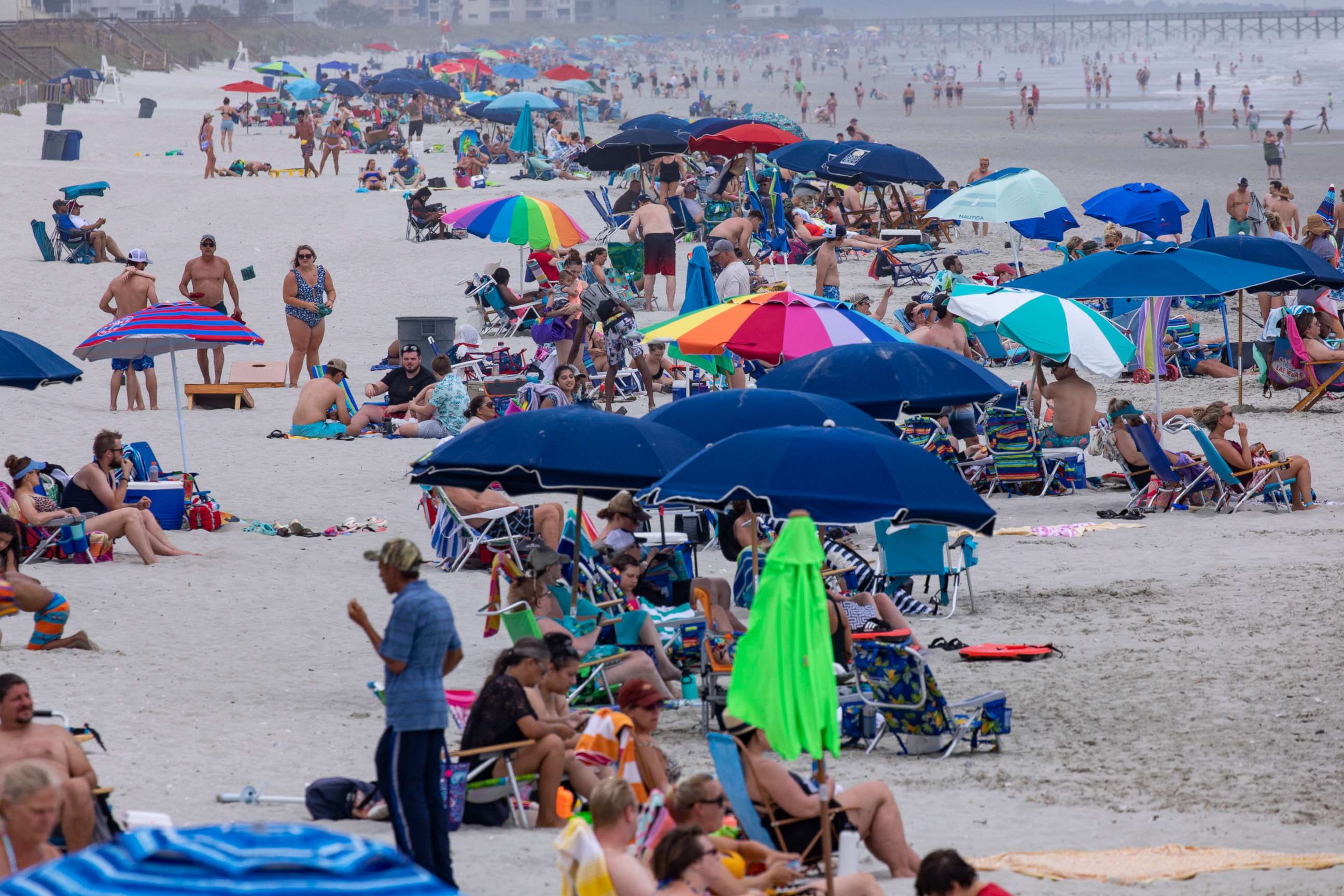 PHOTO: Beachgoers gather in the Cherry Grove section of North Myrtle Beach, S.C., on May 29, 2021.