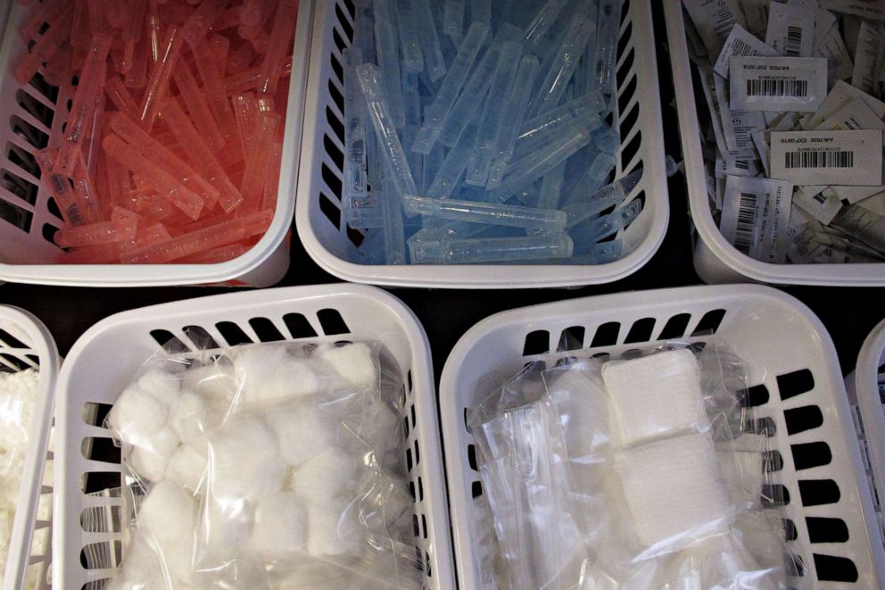 PHOTO: Containers of sterile water, cotton balls and other supplies for Fayette County, Indiana's state-approved needle exchange program fill baskets in the basement of the eastern Indiana county's courthouse in Connersville, Ind., March 24, 2016.