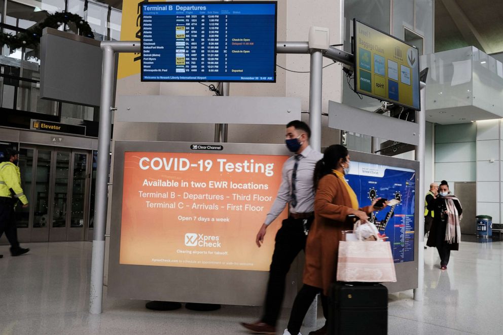 PHOTO: A COVID-19 testing facility is advertised at Newark Liberty International Airport on Nov. 30, 2021, in Newark, N.J.