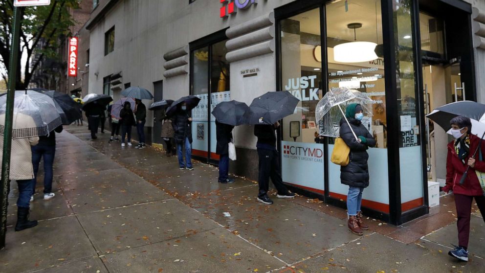 PHOTO: People queue up to get tested for COVID-19 at a City MD location in New York, Nov. 13, 2020.