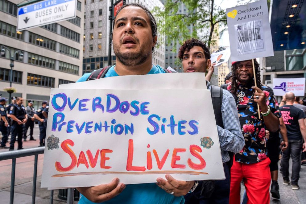 PHOTO: In this Aug. 28, 2019, file photo, overdose prevention activists protest at Gov. Andrew Cuomo's office in New York to call on Cuomo to enact the evidence-based overdose prevention policies that could save the lives of thousands of New Yorkers.