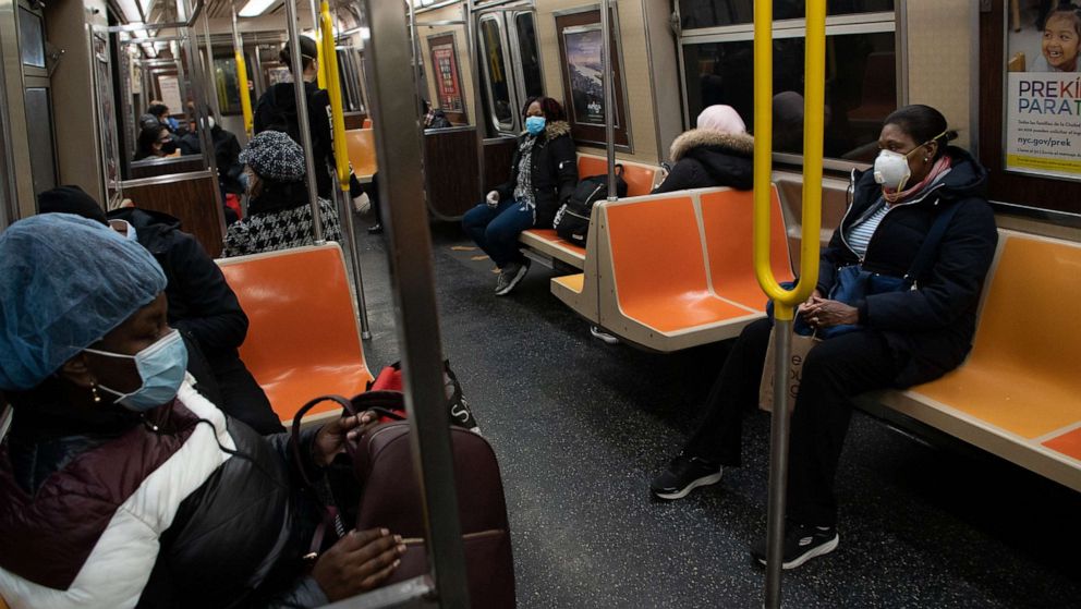 PHOTO: Commuters applying social distancing inside the subway train, April 29, 2020, in New York.