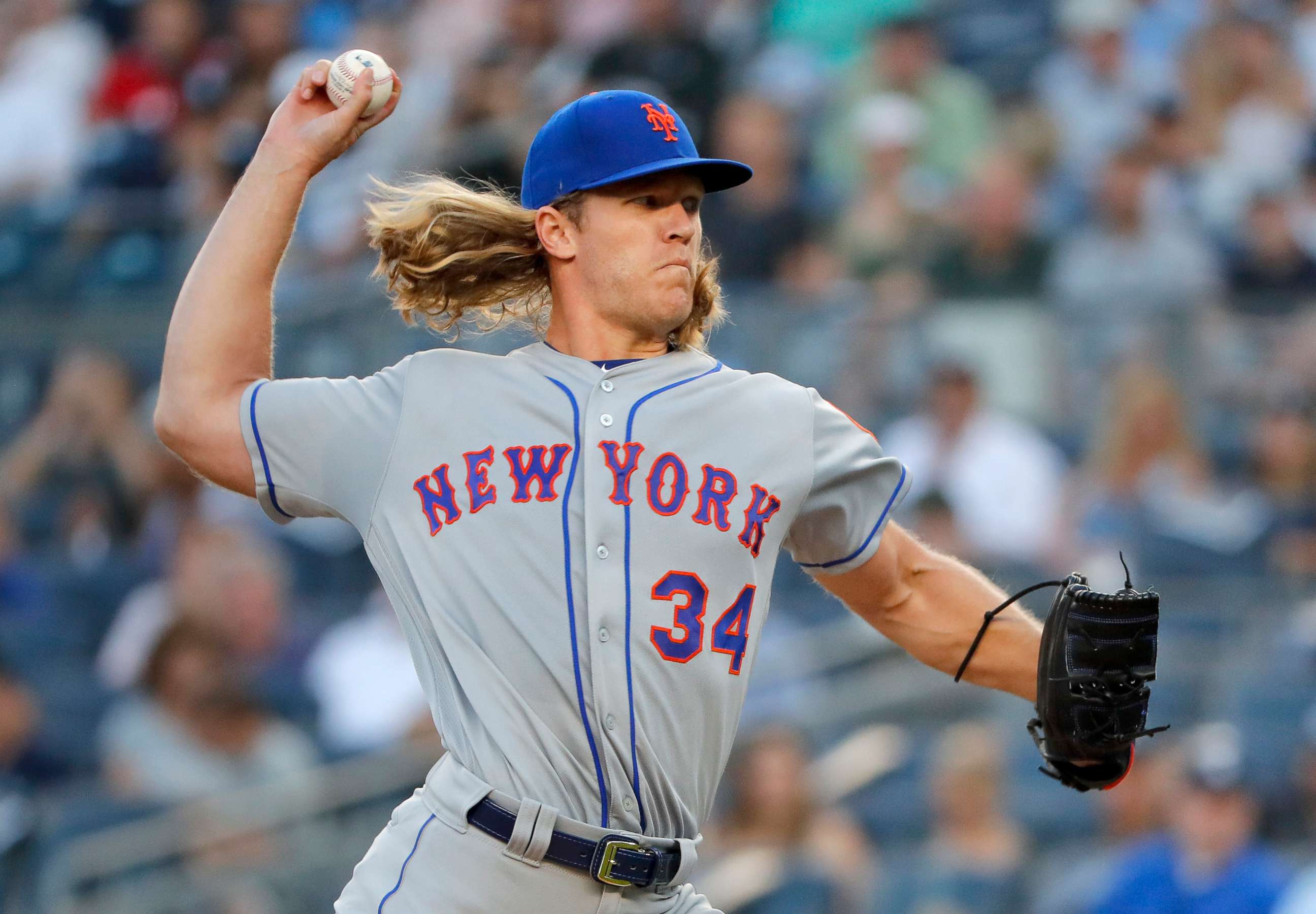 PHOTO: New York Mets starting pitcher Noah Syndergaard delivers against the New York Yankees during the first inning of a baseball game, July 20, 2018, in New York.