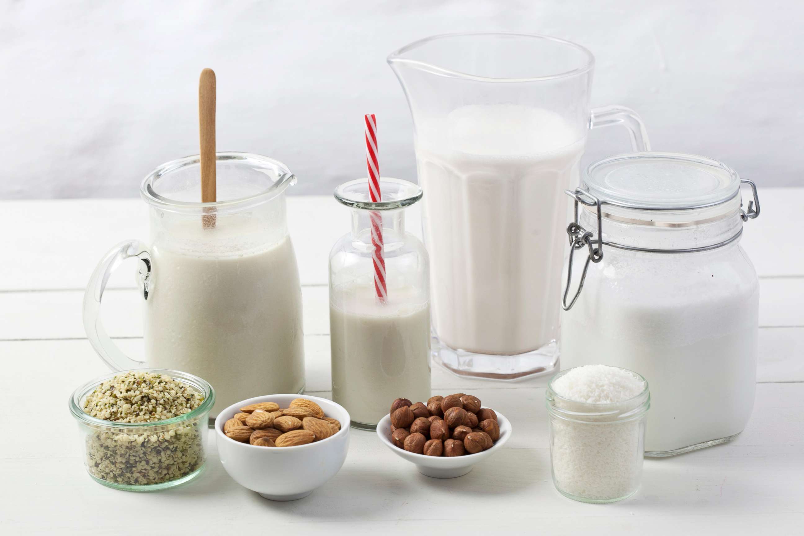 PHOTO: Various types of vegan milk with ingredients.