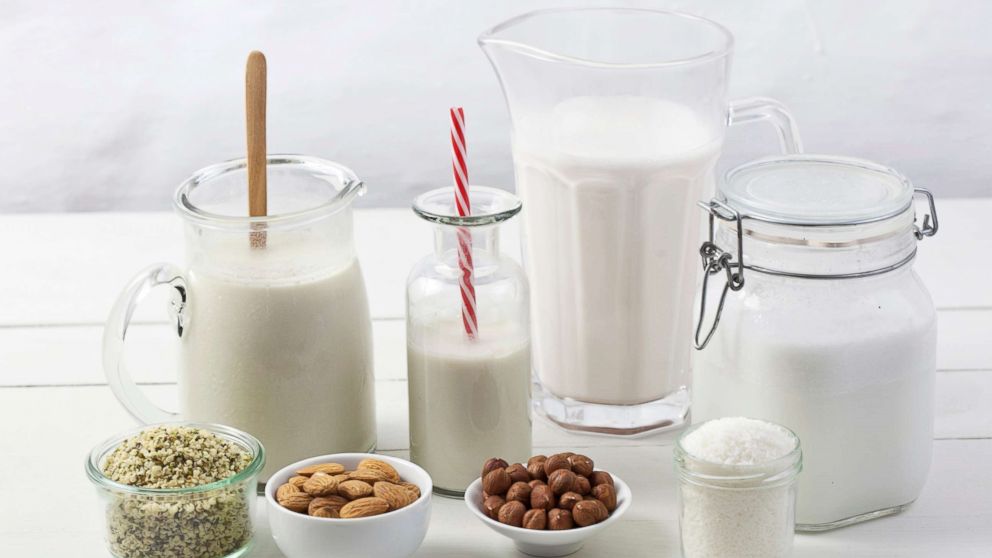 PHOTO: Various types of vegan milk with ingredients.