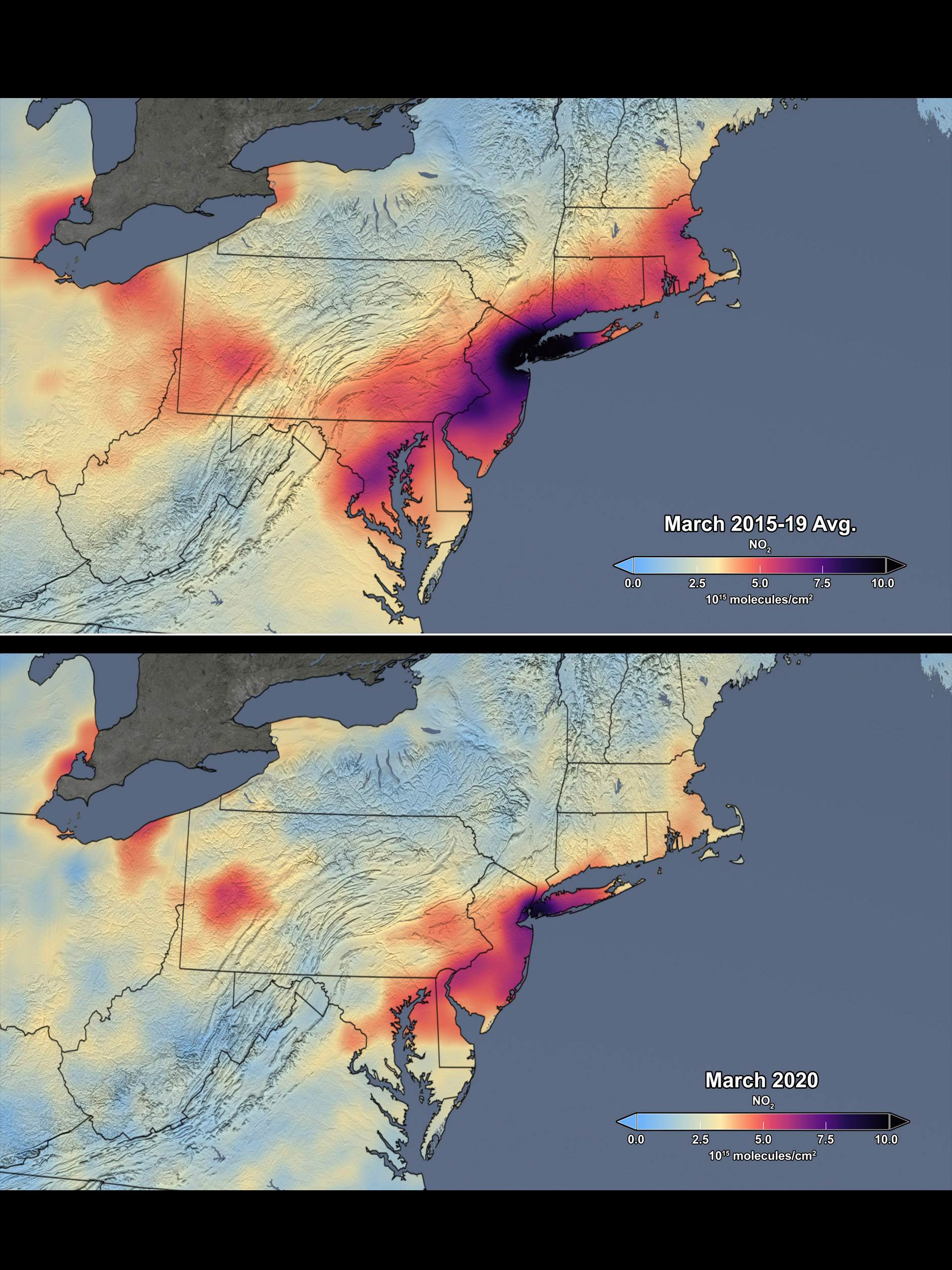 PHOTO: These images show satellite data of nitrogen dioxide from the Aura Ozone Monitoring Instrument (OMI) over the Northeast United States in March, comparing the mean of the period from 2015 through 2019 with the mean for 2020. 