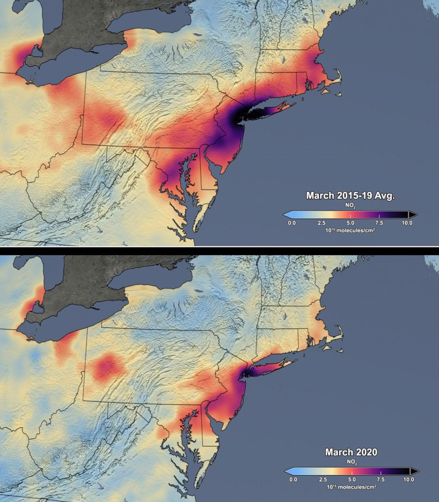 PHOTO: These images show satellite data of nitrogen dioxide from the Aura Ozone Monitoring Instrument (OMI) over the Northeast United States in March, comparing the mean of the period from 2015 through 2019 with the mean for 2020.