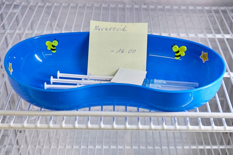PHOTO: In this Feb. 26, 2022 file photo a kidney dish with syringes containing the Novavax COVID-19 vaccine sits in a refrigerator ready for use at a vaccination center in Prisdorf, Germany, Feb. 26, 2022.