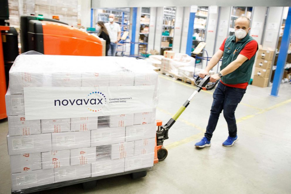 PHOTO: A man pulls a pallet with the "Nuvaxovid" vaccine against the novel coronavirus / COVID-19 by US company Novavax after a shipment of the vaccine arrived, Feb. 24, 2022, at a warehouse in Hagenbrunn, Lower Austria.