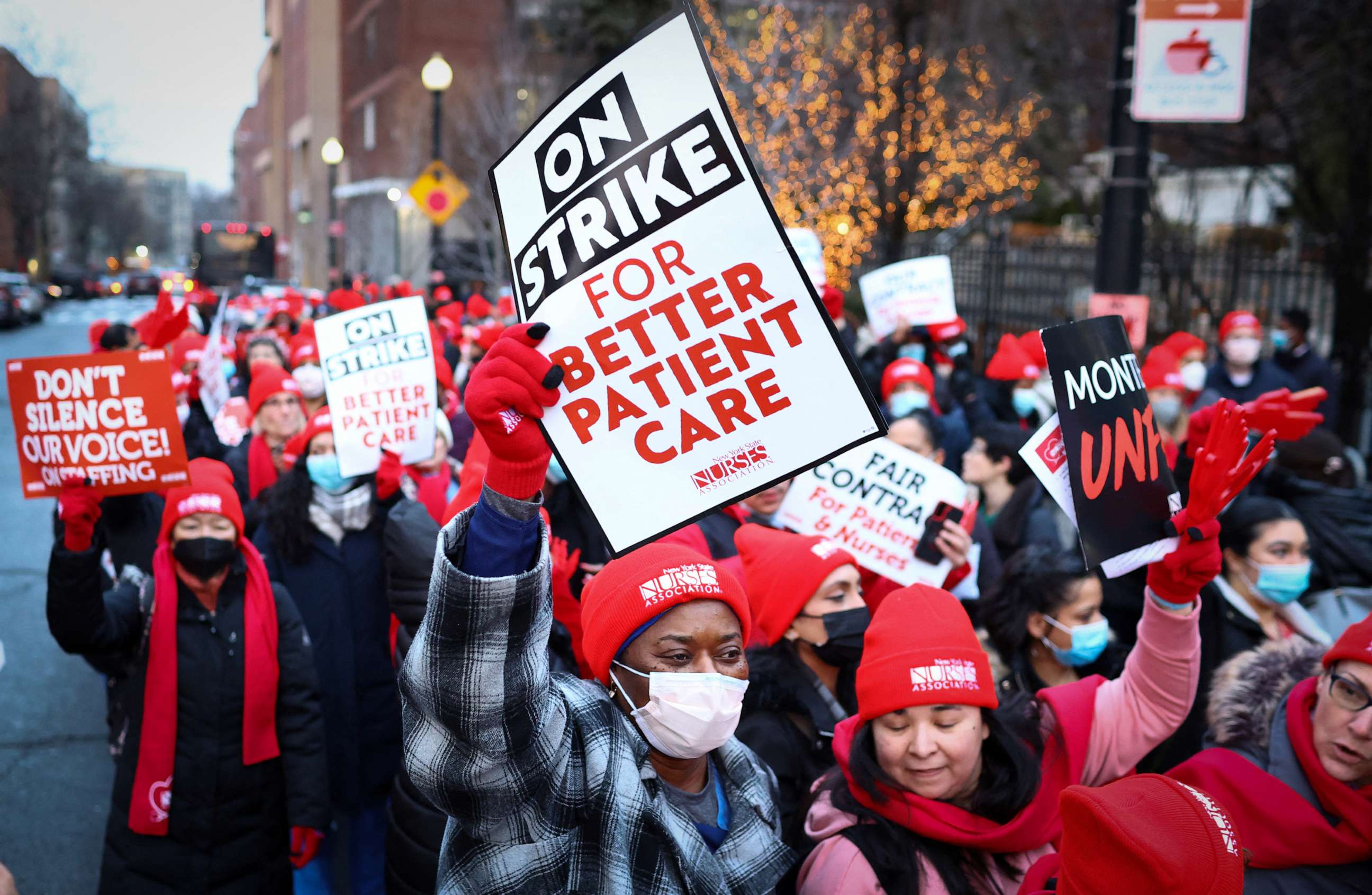PHOTO: Striking union nurses from the New York State Nurses Association (NYSNA) walk the picket line outside Montefiore Hospital, Jan. 9, 2023, in New York.