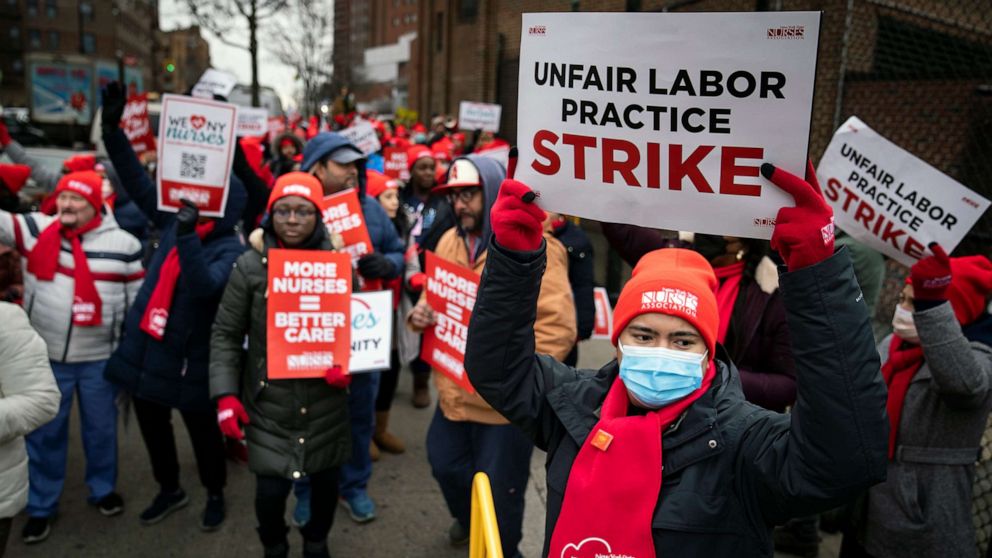 PHOTO: Protestors march on the streets around Montefiore Medical Center during a nursing strike, Wednesday, Jan. 11, 2023, in the Bronx borough of N.Y.