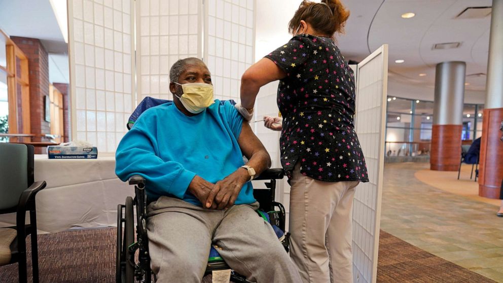 PHOTO: Edward Williams, 62, a resident at the Hebrew Home at Riverdale, receives a COVID-19 booster shot in New York, Sept. 27, 2021.