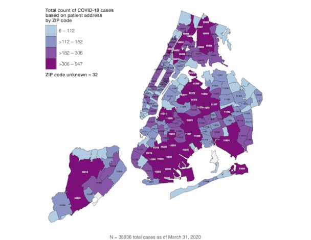 New York City Zip Code Map Nyc Map Shows Which Zip Codes Have Been Hit Hardest By Coronavirus - Abc  News