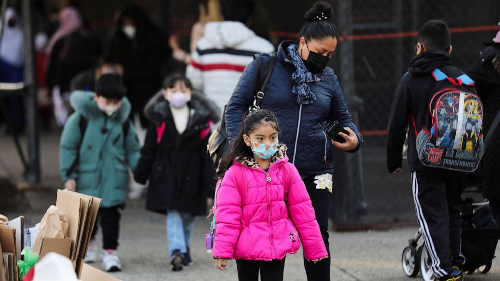 PHOTO: FILE - Children arrive at school in New York, March 7, 2022.