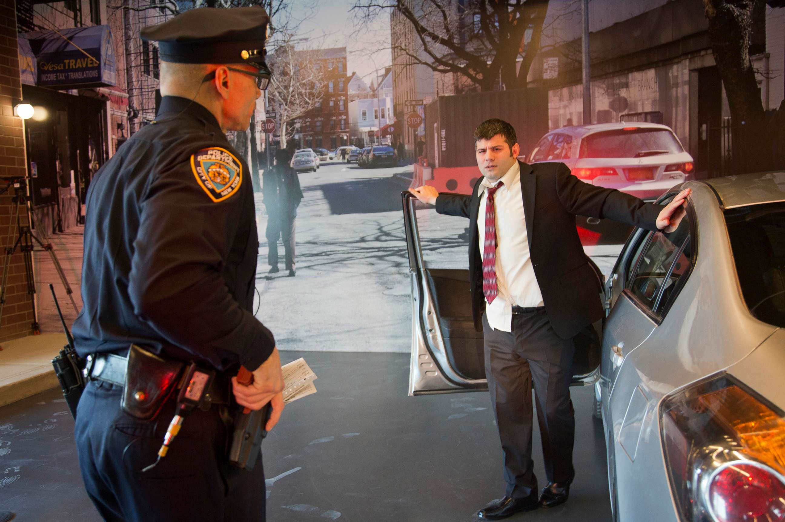 PHOTO: In this Tuesday, March 31, 2015 photo, an NYPD detective and a police officer stage a car stop of a suspected drunk driver during a training demonstration at the new NYPD police academy facility, in New York.