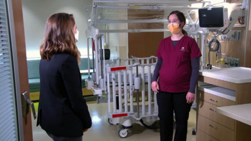 PHOTO: Respiratory Therapist Hillary O'Neil speaks with ABC News' Kayan Whitworth at Dayton Children's Hospital.