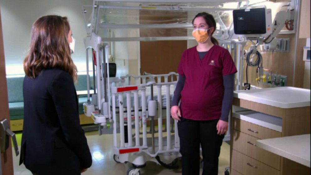 PHOTO: Respiratory Therapist Hillary O'Neil speaks with ABC News' Kayan Whitworth at Dayton Children's Hospital.