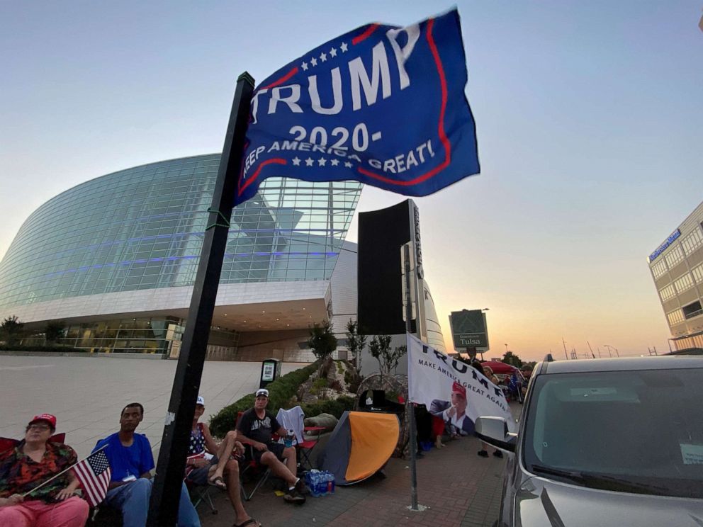 PHOTO: Supporters of President Donald Trump camp outside the BOK Center, the venue for his upcoming rally, in Tulsa, Oklahoma, June 17, 2020.