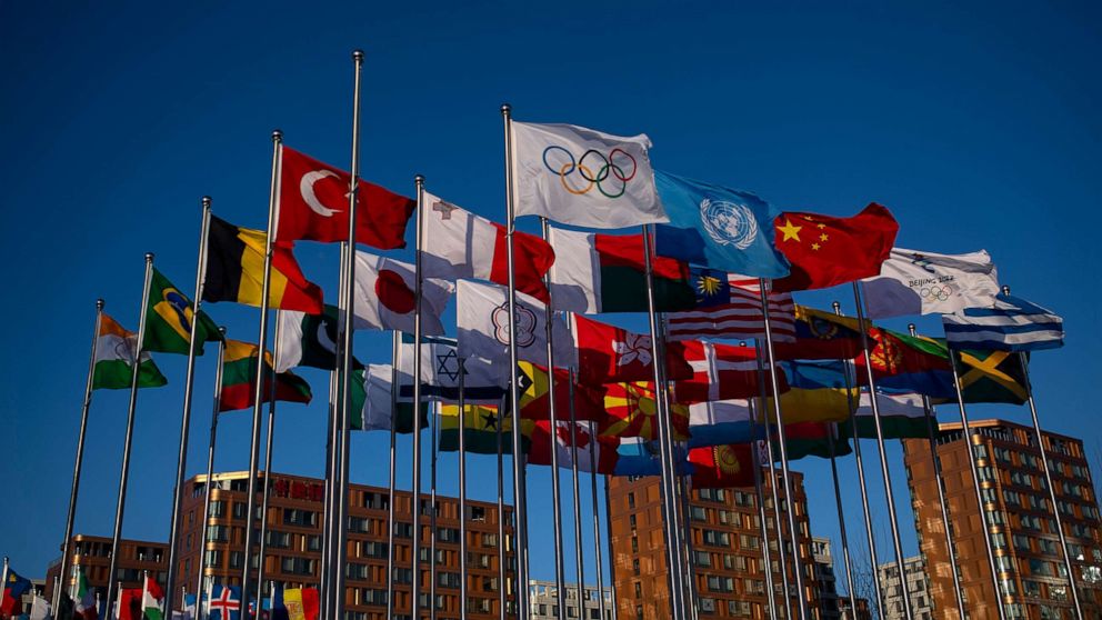 PHOTO: Flags fly outside the Olympic Village ahead of the Beijing Winter Olympics, Feb. 3, 2022 in Beijing.