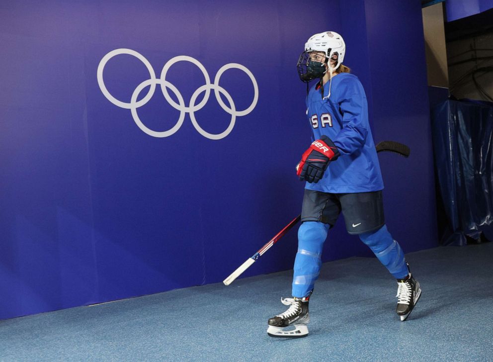 PHOTO: Lee Stecklein #2 of the USA Women's Olympic Hockey Team walks out for practice, Feb. 2, 2022, in Beijing.