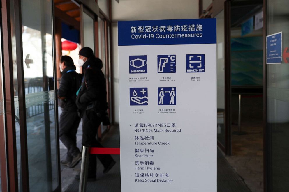 PHOTO: A sign with lists COVID-19 countermeasures at a press center at an venue for the Beijing Olympics, Feb. 2, 2022, in Zhangjiakou, China.