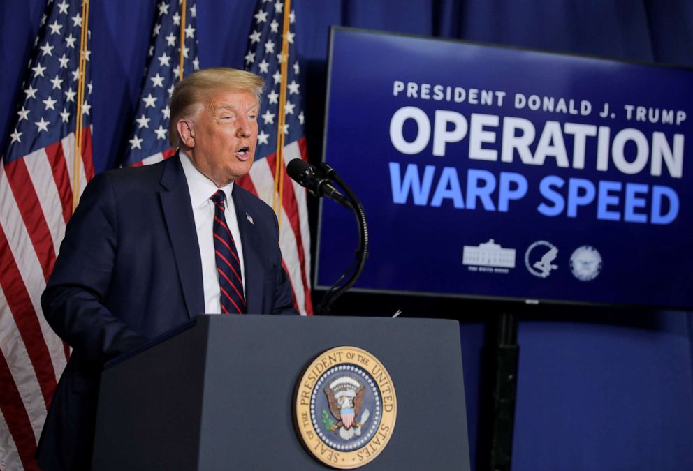 PHOTO: President Donald Trump delivers a speech during a visit to the Fujifilm Diosynth Biotechnologies' Innovation Center, where components for a potential coronavirus vaccine candidate are being developed, in Morrrisville, N.C., July 27, 2020.