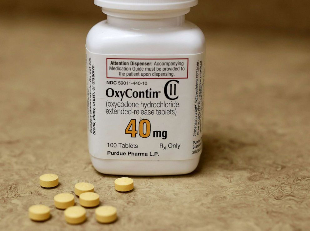 PHOTO: In this April 25, 2017, file photo, a bottle of prescription painkiller OxyContin, 40mg pills, made by Purdue Pharma L.D. sit on a counter at a local pharmacy, in Provo, Utah.