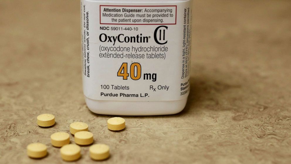 PHOTO: In this April 25, 2017, file photo, a bottle of prescription painkiller OxyContin, 40mg pills, made by Purdue Pharma L.D. sit on a counter at a local pharmacy, in Provo, Utah.