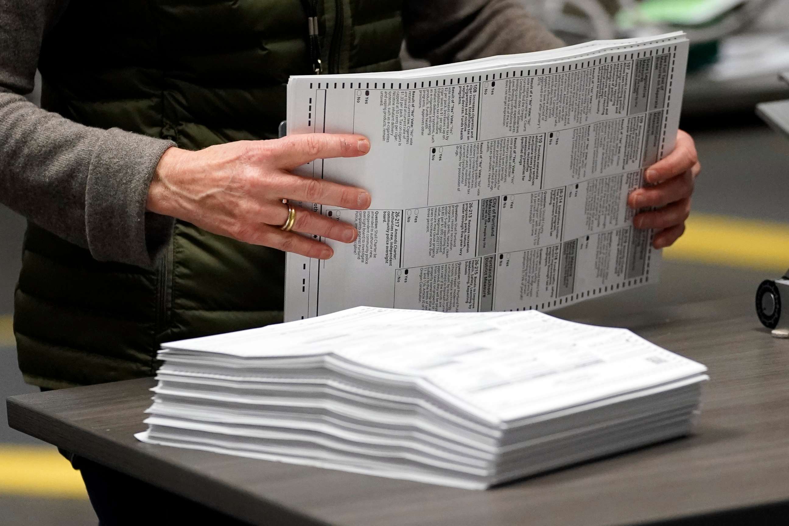 PHOTO: An election worker sorts mail-in ballots at the Multnomah County Duniway-Lovejoy Elections Building, Nov. 2, 2020, in Portland, Ore.