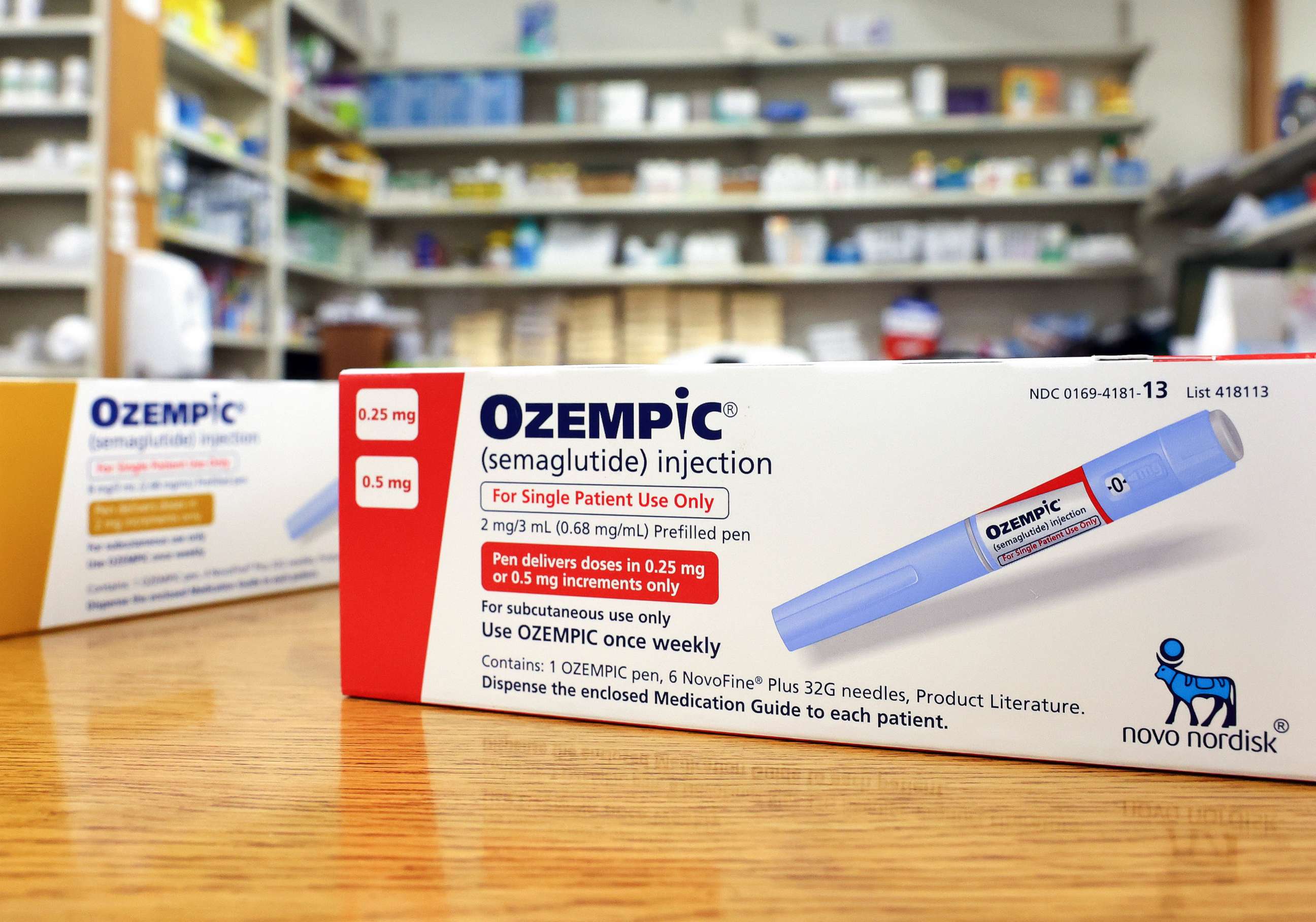 PHOTO: Boxes of the diabetes drug Ozempic rest on a pharmacy counter, Apr. 17, 2023, in Los Angeles.