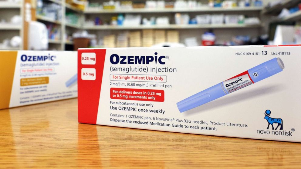 PHOTO: Boxes of the diabetes drug Ozempic rest on a pharmacy counter, Apr. 17, 2023, in Los Angeles.