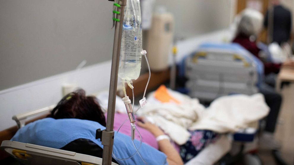 PHOTO: Patients are held in the hallway as St.Mary Medical Center resorts to using tents outside to handle the overflow at its 200 bed hospital during the outbreak of the coronavirus disease (COVID-19) in Apple Valley, Calif., Jan. 12, 2021.
