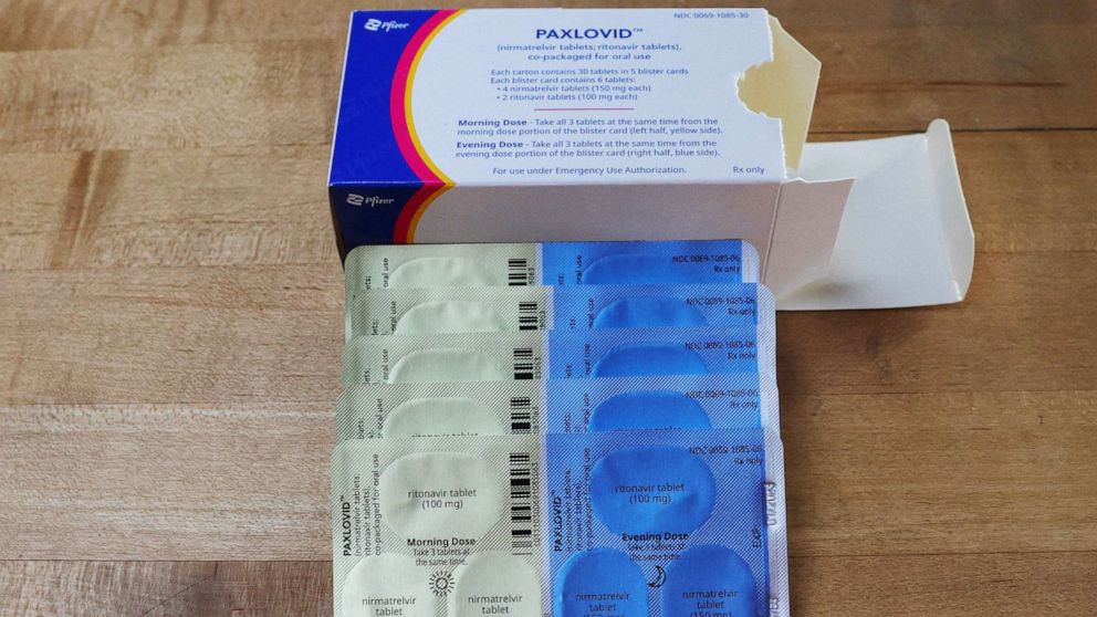 PHOTO: Paxlovid, Pfizer's anti-viral medication to treat COVID-19, displayed on a counter in Medford, Mass., May 12, 2022.