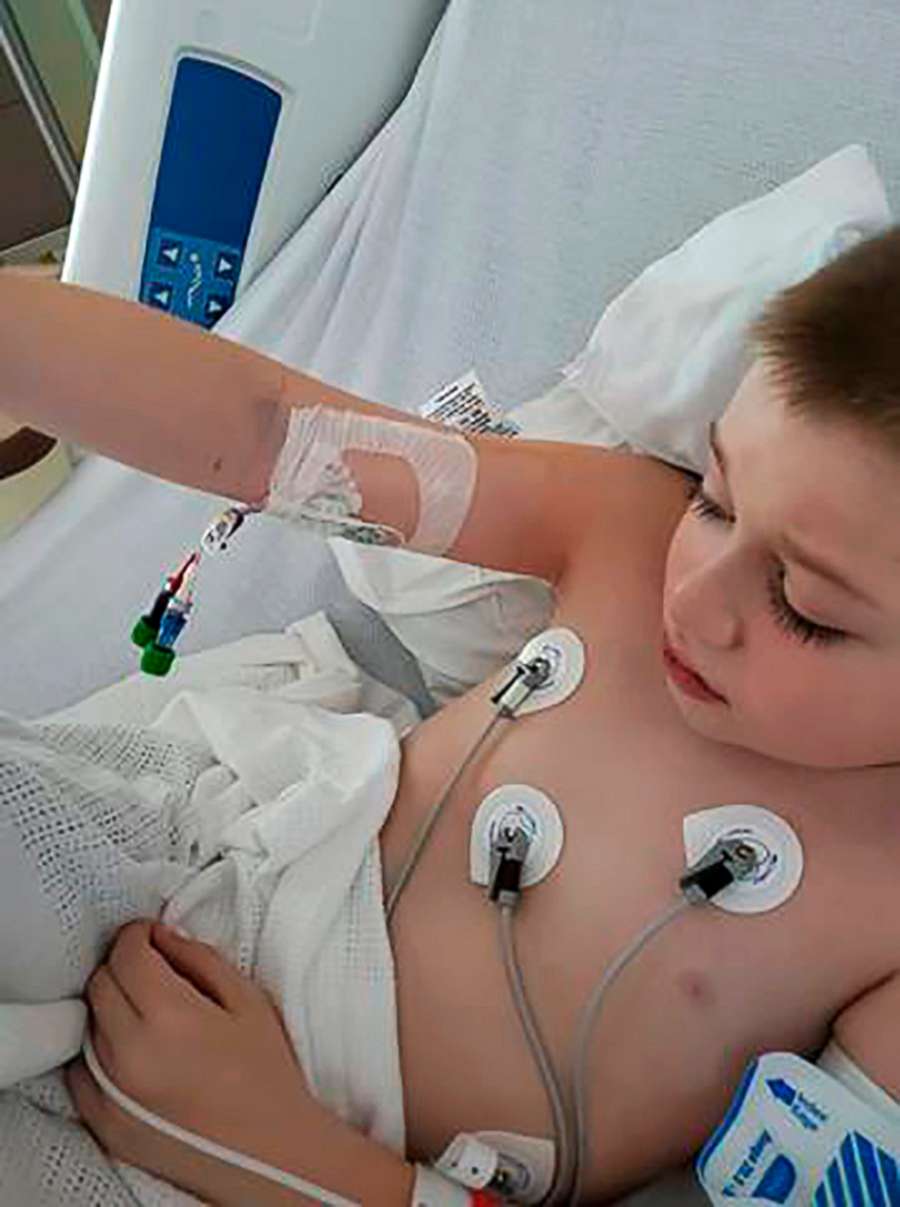 PHOTO: Bobby Dean, 9, lies in a hospital bed in Rochester, N.Y., after being admitted with severe dehydration, abdominal pain and a racing heart. Doctors diagnosed him with a pediatric inflammatory syndrome related to the coronavirus. 
